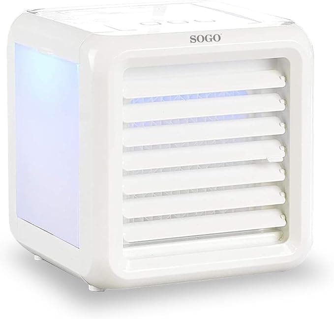 SOGO Enfriador de Aire Portátil USB con Depósito de Agua y Luz LED 7 Colores - Climatizador Portátil con 3 Velocidades y Flujo Ajustable - Mini Aire Acondicionado Portátil Compacto