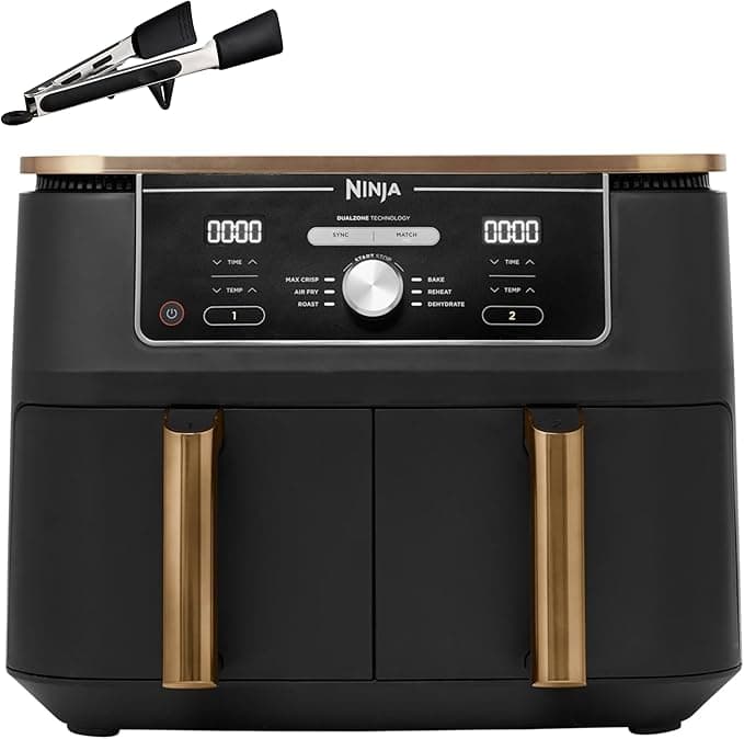 Ninja Foodi MAX Freidora de aire con compartimento doble, 9,6 l, 6 en 1, no usa aceite, Max Crisp, Asar, Hornear y más, pinzas, 8 porciones, cestas antiadherentes, en cobre y negro, AF400EUCP