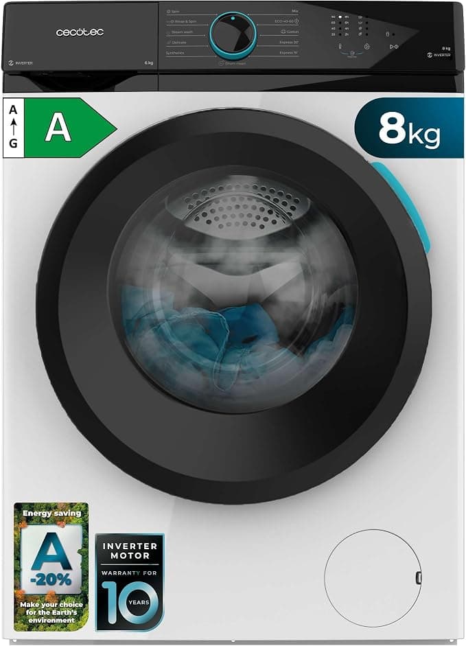 Cecotec Lavadora 8Kg Carga Frontal Bolero DressCode 8110 Inverter. 1200RPM, 11 Programas, Bajo Consumo, Motor Inverter Plus, Steam Max, Drum Clean, Programa Rápido 15', Delay Start y KidLock